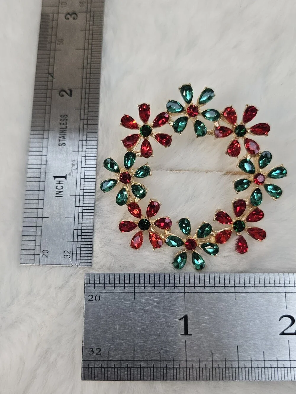 Gold-Tone Red & Teal Floral Crystal Wreath Brooch